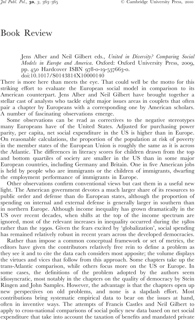 Jens Alber and Neil Gilbert eds., United in Diversity? Comparing Social ...