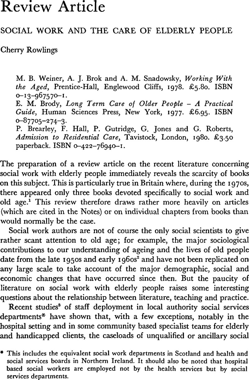 Social Work and the Care of Elderly People | Ageing & Society ...