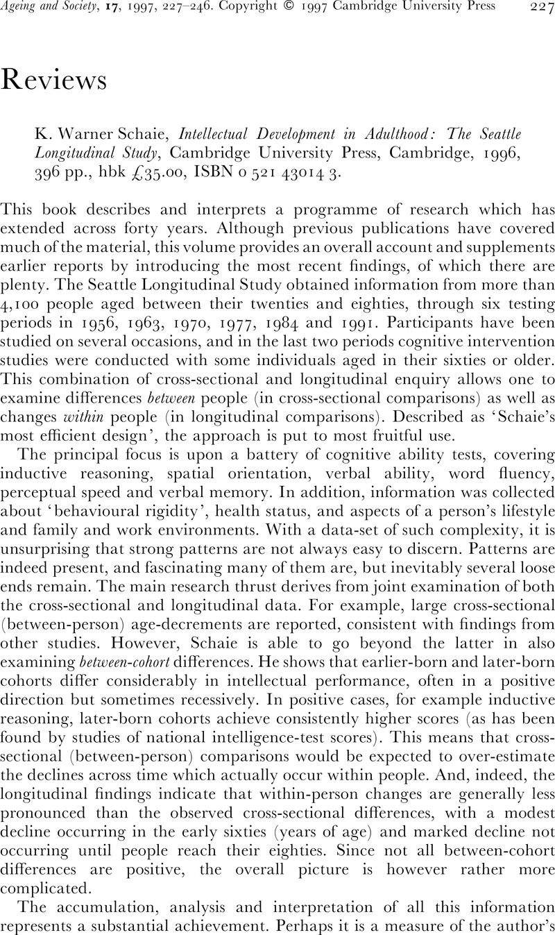 K. Warner Schaie, Intellectual Development In Adulthood: The Seattle ...