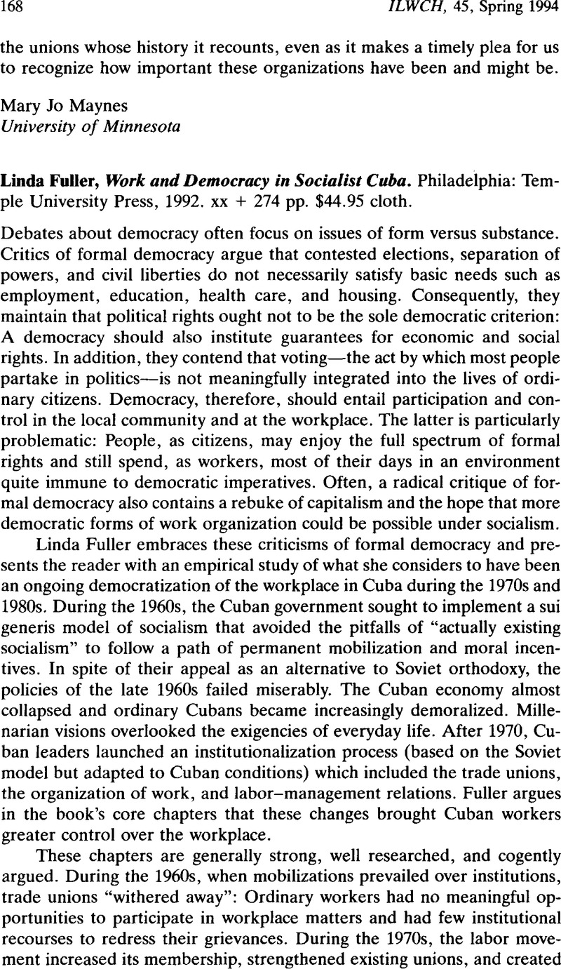 Linda Fuller, Work and Democracy in Socialist Cuba. Philadelphia ...