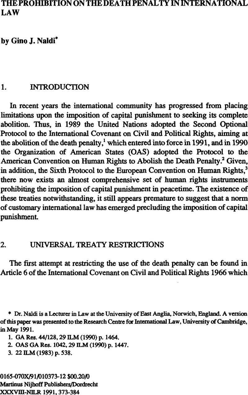 The Prohibition on the Death Penalty in International Law