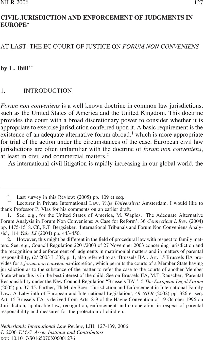 At Last The EC Court of Justice on Forum non Conveniens Netherlands