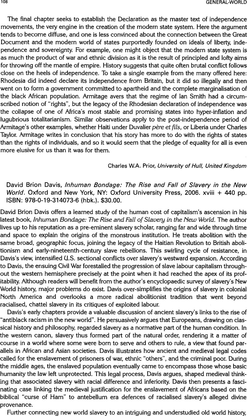 David Brion Davis, Inhuman Bondage: The Rise and Fall of Slavery in the ...