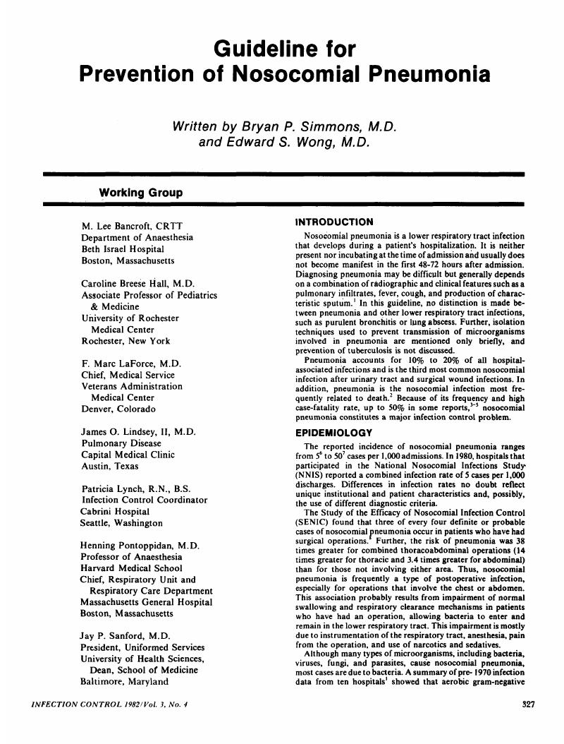 Guideline for Prevention of Pneumonia Infection Control