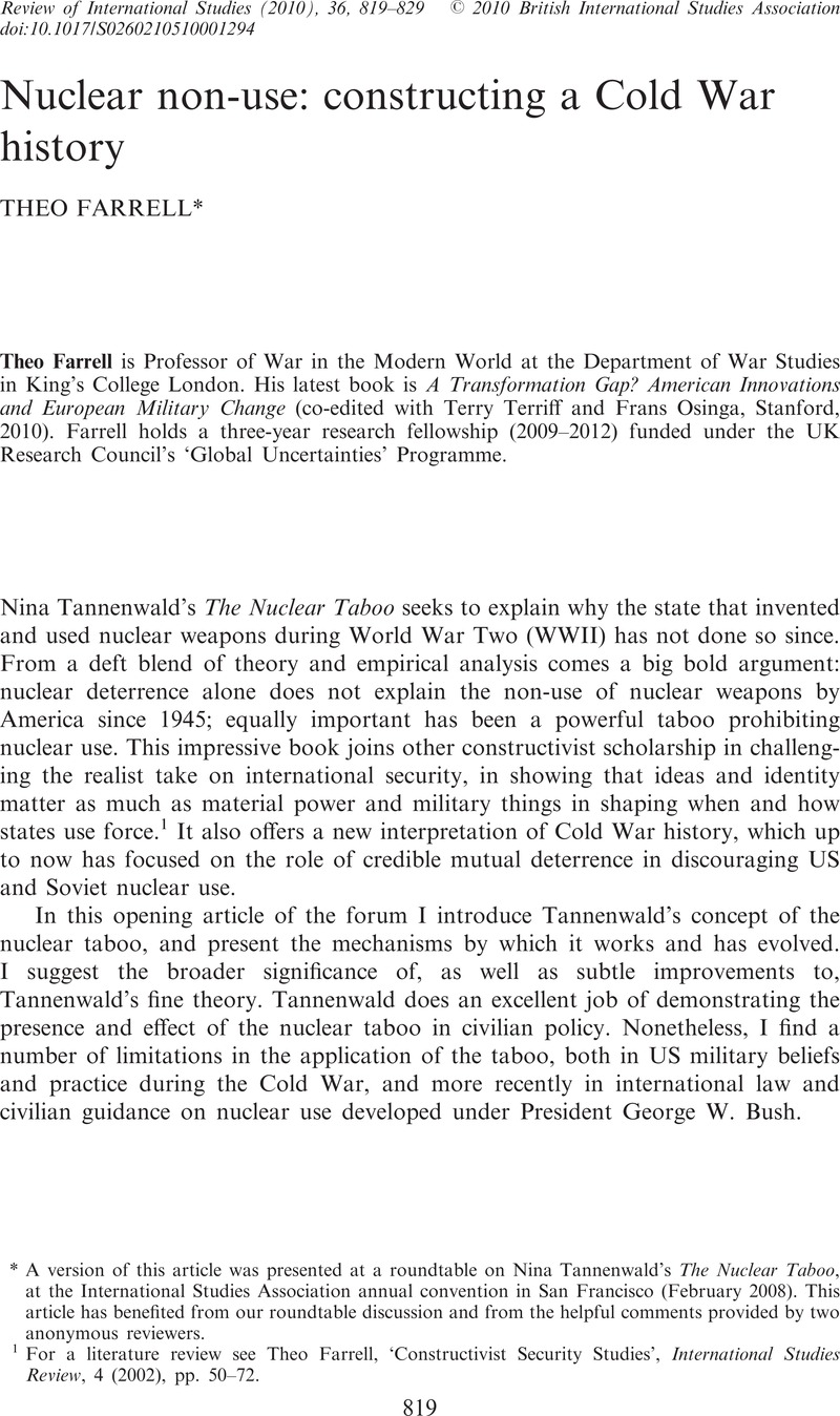 Nuclear non-use: constructing a Cold War history | Review of ...