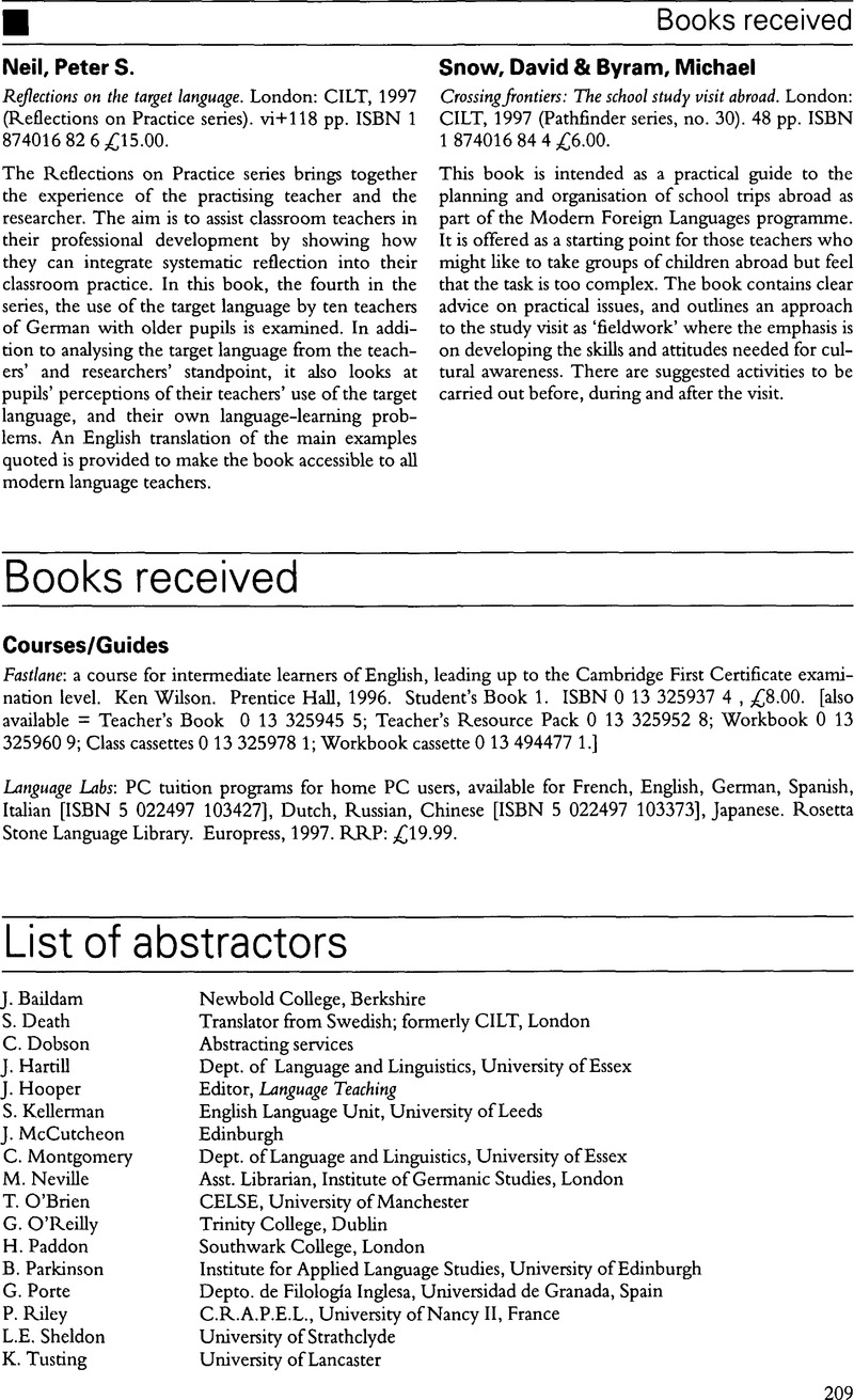 Abstract Ors List of abstractors | Language Teaching | Cambridge Core
