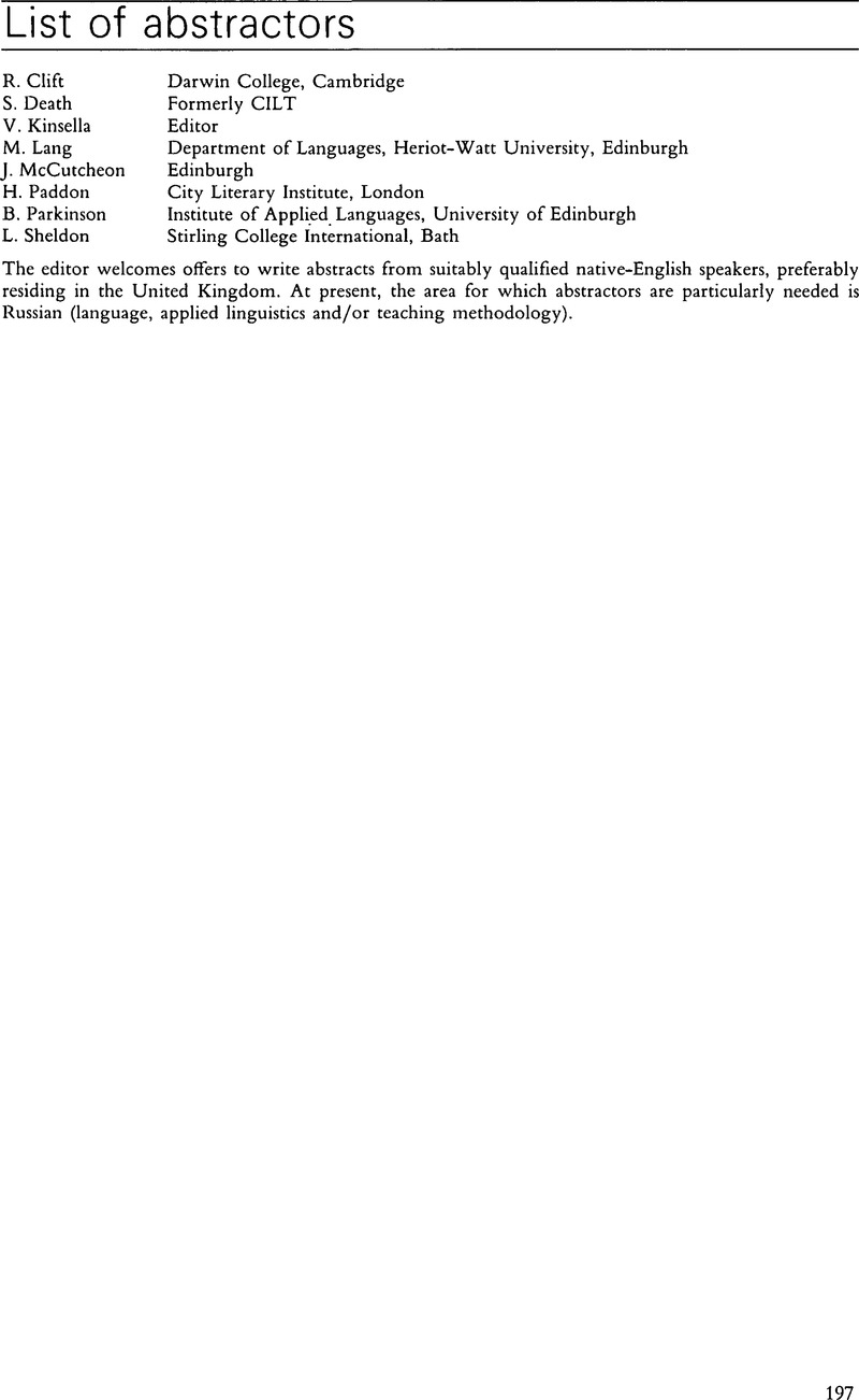 List of abstractors | Language Teaching | Cambridge Core