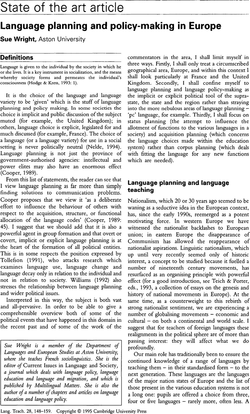 Language Planning And Policy making In Europe Language Teaching 