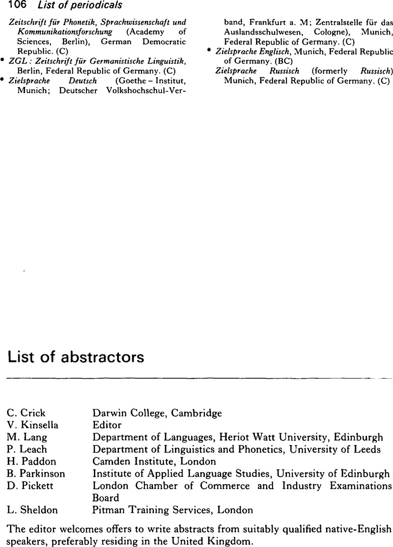 Abstract Ors List of abstractors | Language Teaching | Cambridge Core