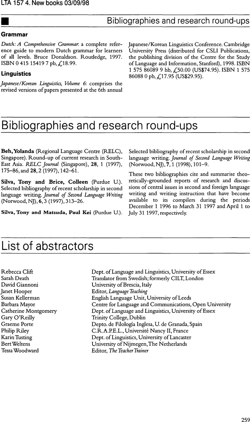 Abstract Ors List of abstractors | Language Teaching | Cambridge Core