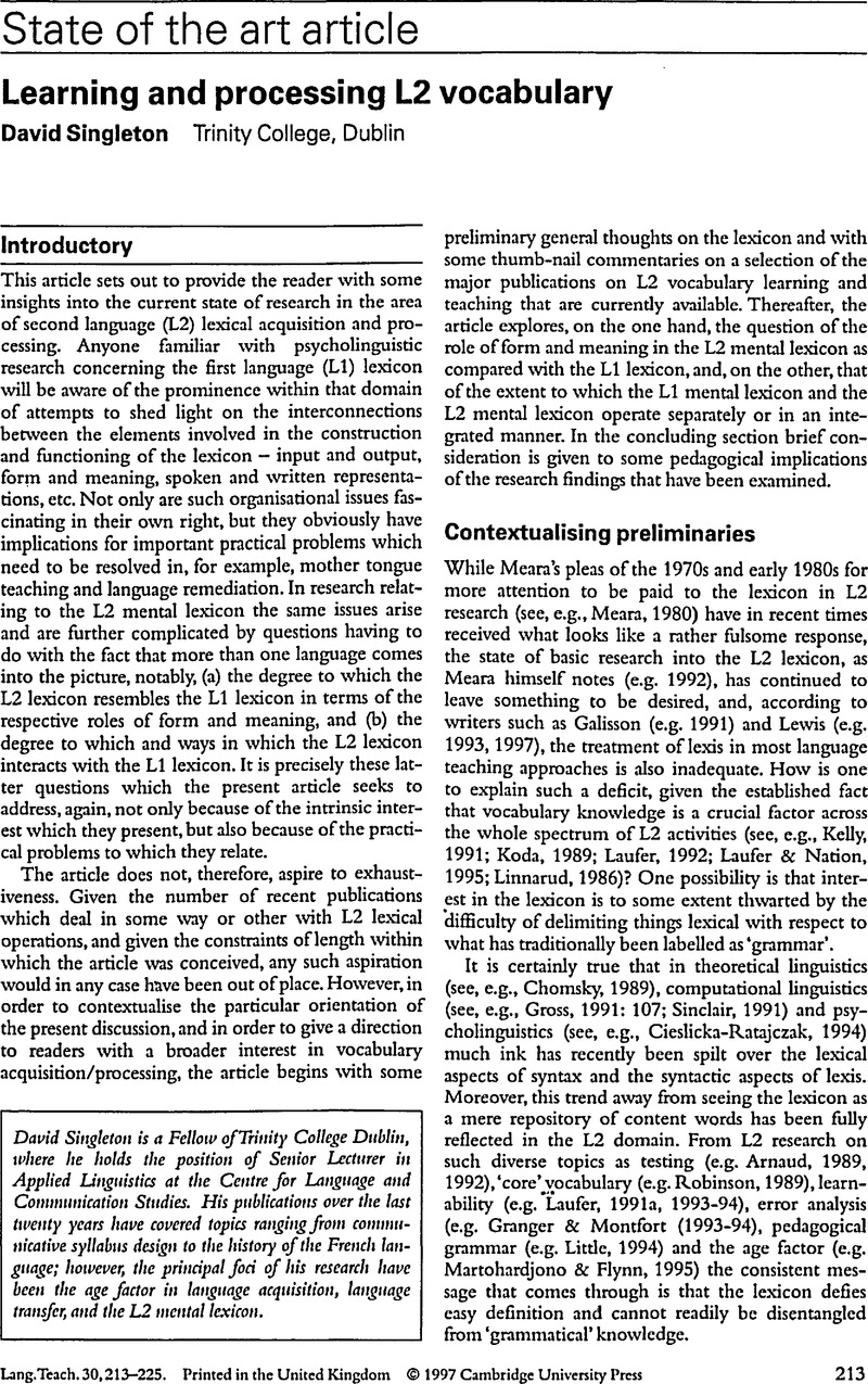 Learning and processing L2 vocabulary | Language Teaching | Cambridge Core