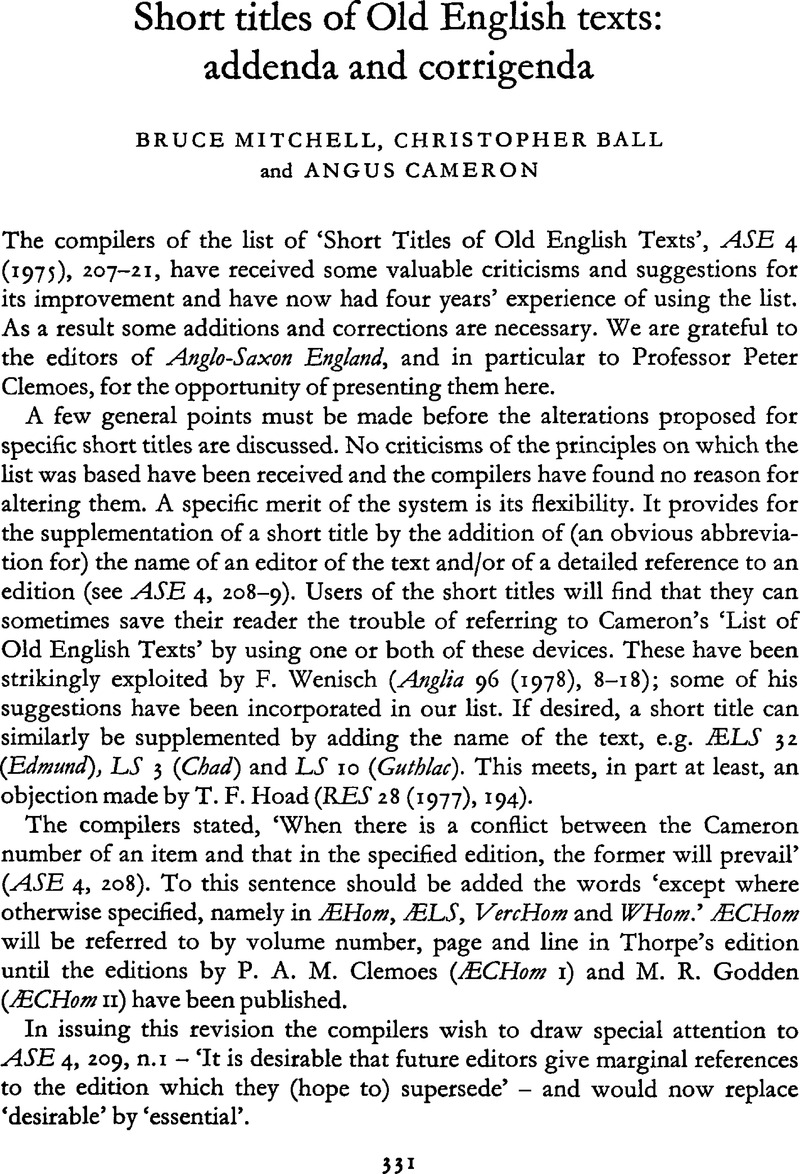 Short titles of Old English texts addenda and corrigenda Anglo