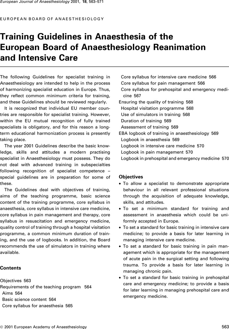 Training Guidelines in Anaesthesia of the European Board of ...