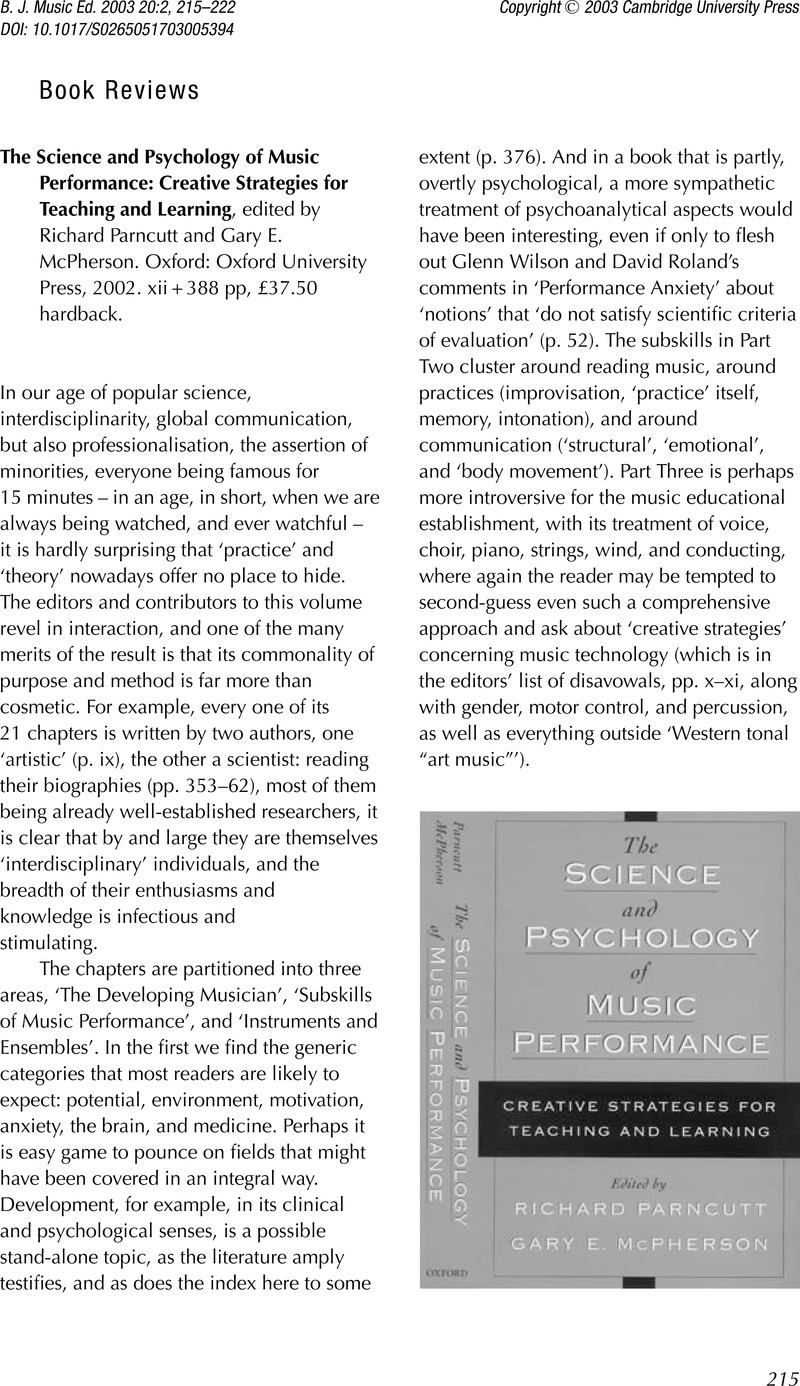 The Science and Psychology of Music Performance: Creative Strategies for Teaching and Learning ...