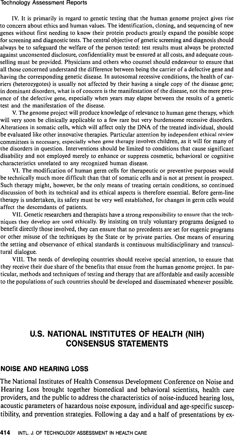 U.S. National Institutes Of Health (NIH) Consensus Statements ...