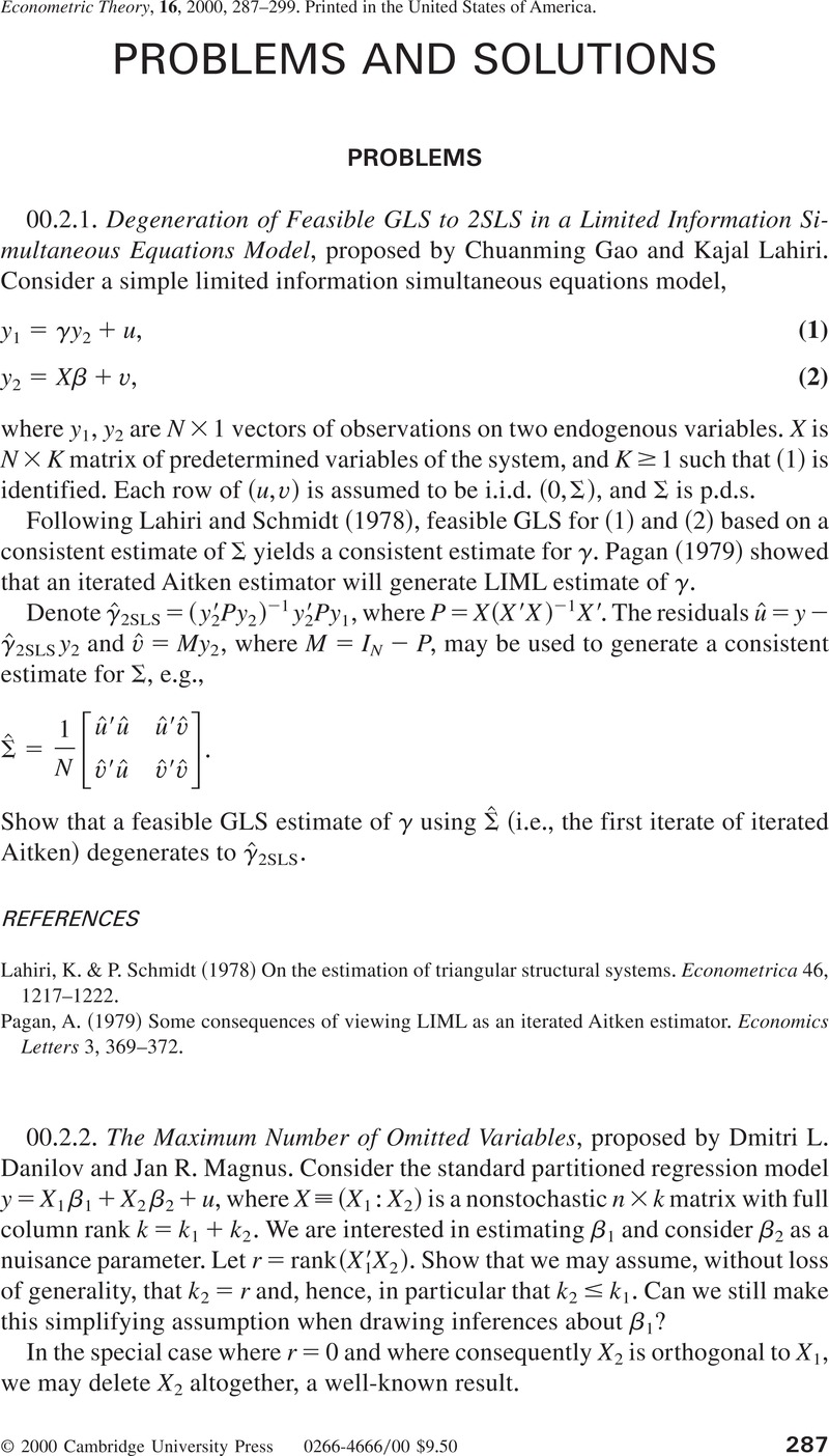 PROBLEMS AND SOLUTIONS | Econometric Theory | Cambridge Core