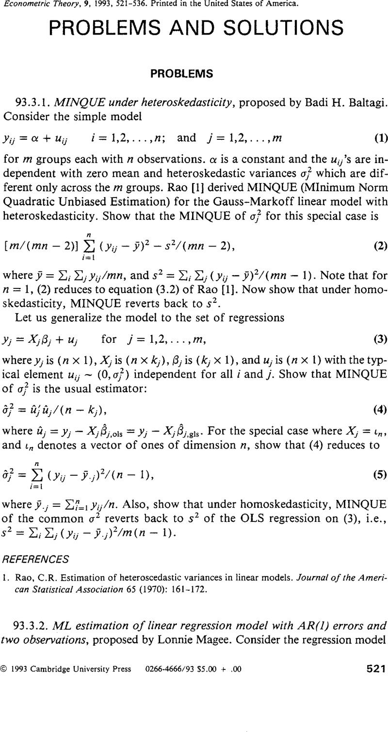 ML Estimation of Linear Regression Model with AR(1) Errors and Two ...