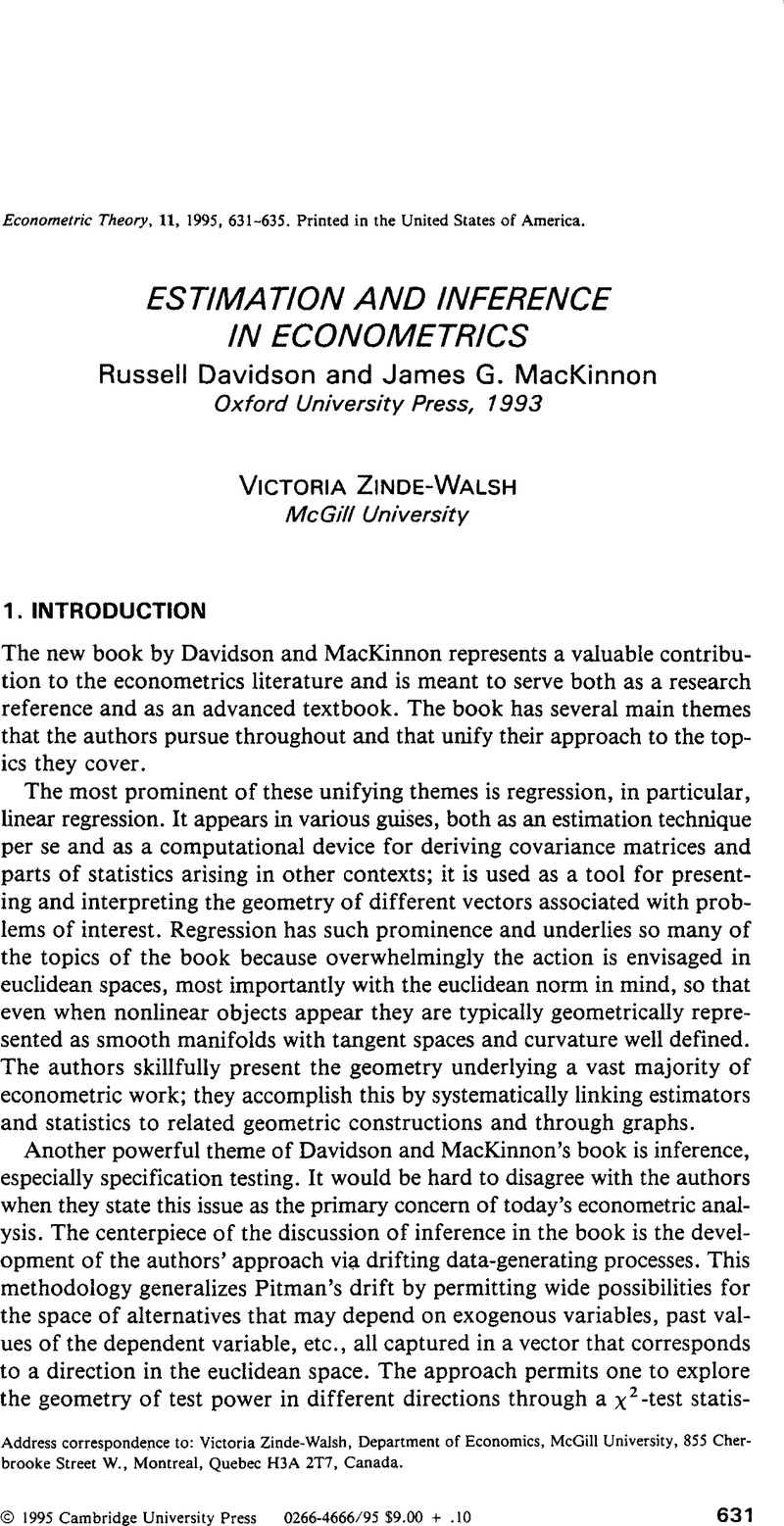 ESTIMATION AND INFERENCE IN ECONOMETRICSRussell Davidson
