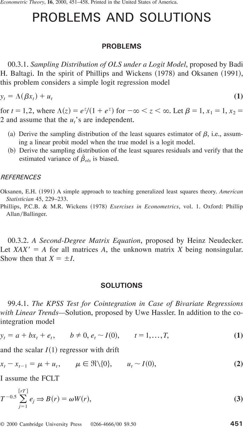 Problems And Solutions Econometric Theory Cambridge Core