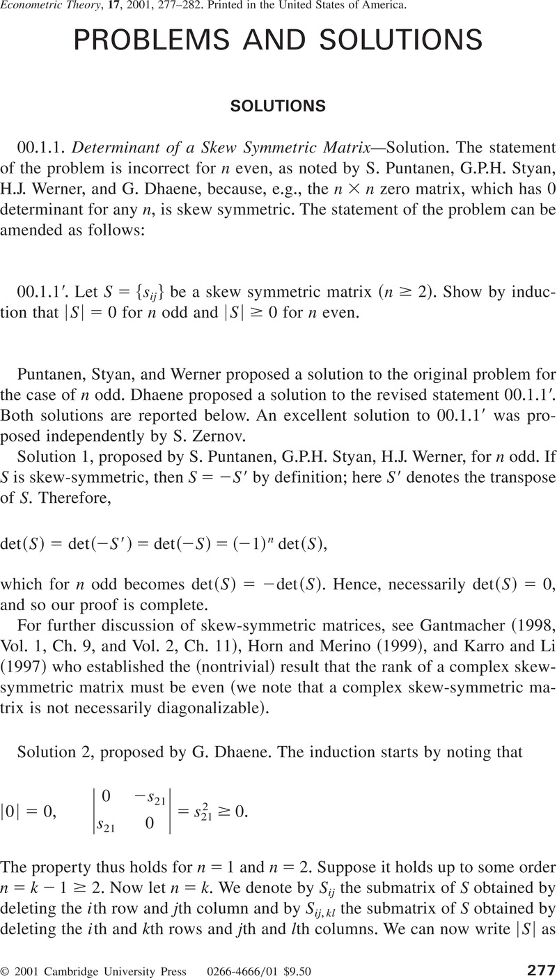 PROBLEMS AND SOLUTIONS | Econometric Theory | Cambridge Core