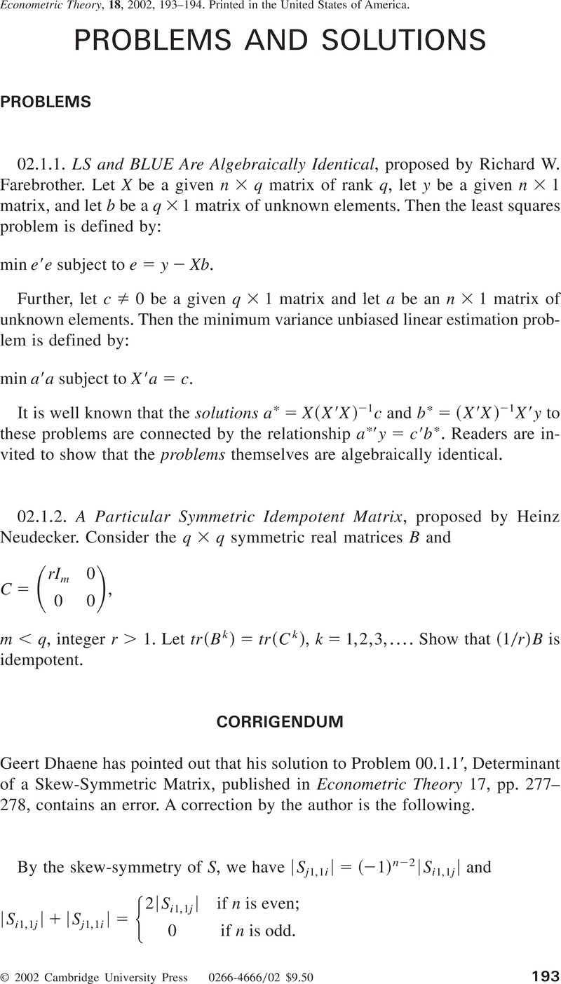 Problems And Solutions Econometric Theory Cambridge Core