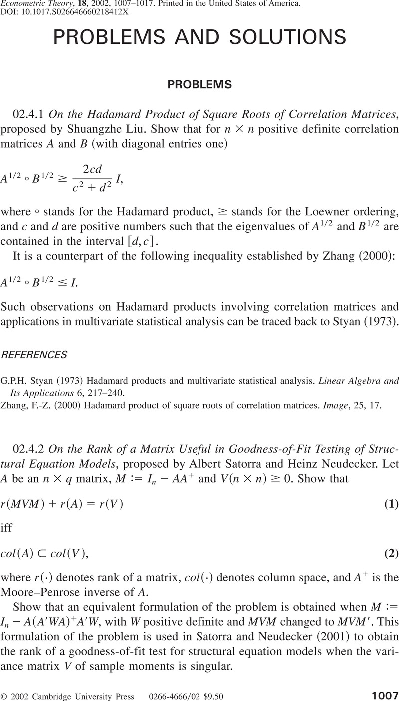 PROBLEMS AND SOLUTIONS | Econometric Theory | Cambridge Core
