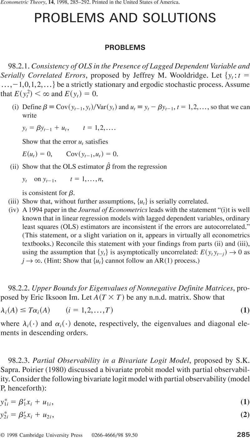 PROBLEMS AND SOLUTIONS | Econometric Theory | Cambridge Core