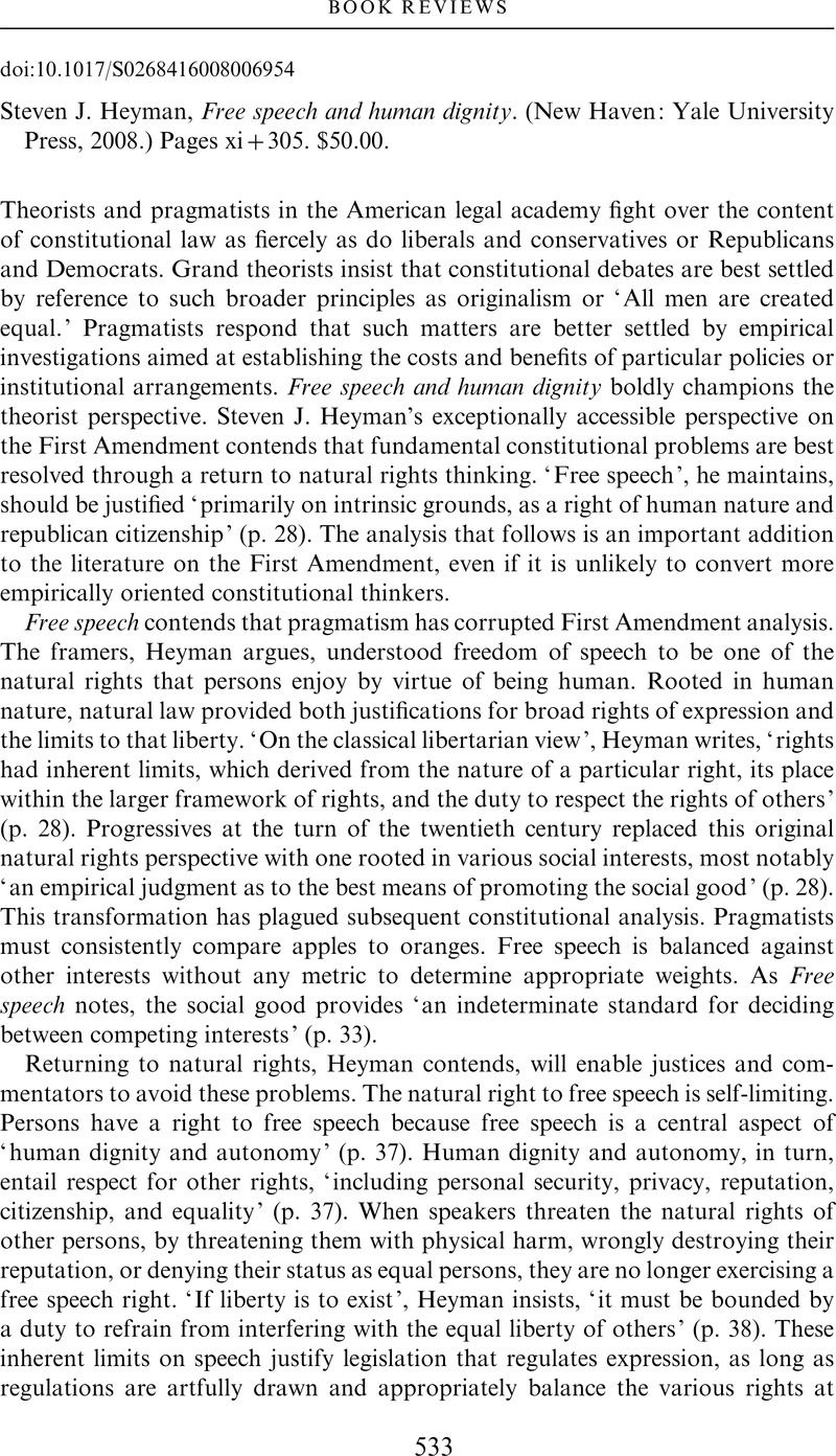 Free Speech and Human Dignity
