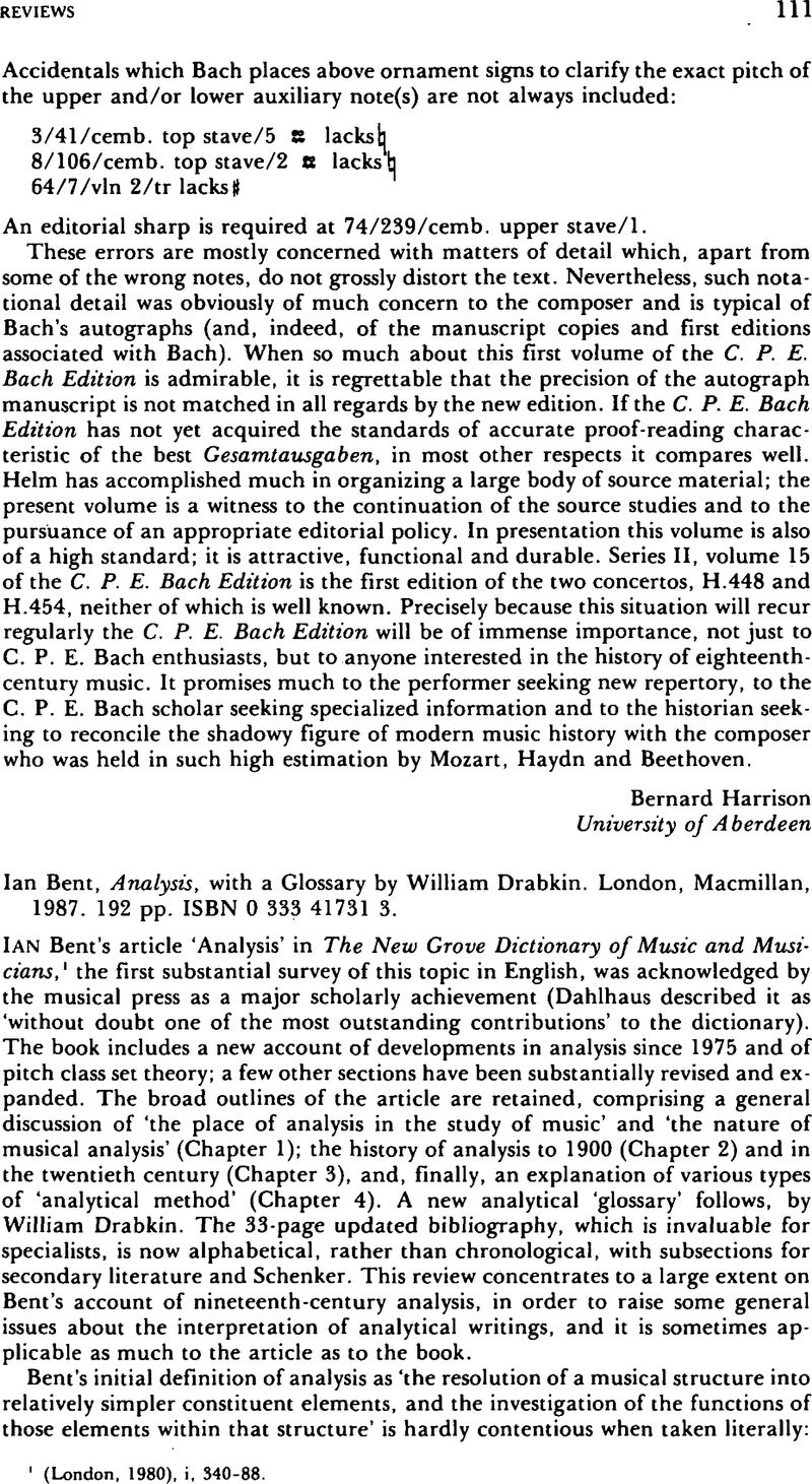 Ian Bent, Analysis, With A Glossary By William Drabkin. London 