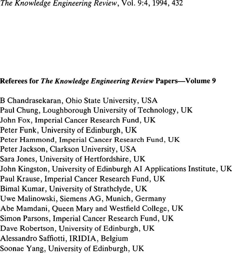 Referees for The Knowledge Engineering Review Papers—Volume 9 | The ...