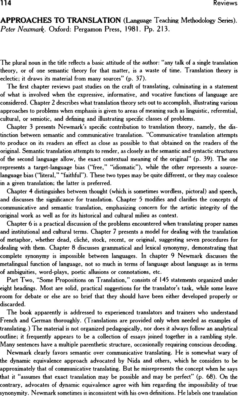 APPROACHES TO TRANSLATION (Language Teaching Methodology Senes). Peter ...