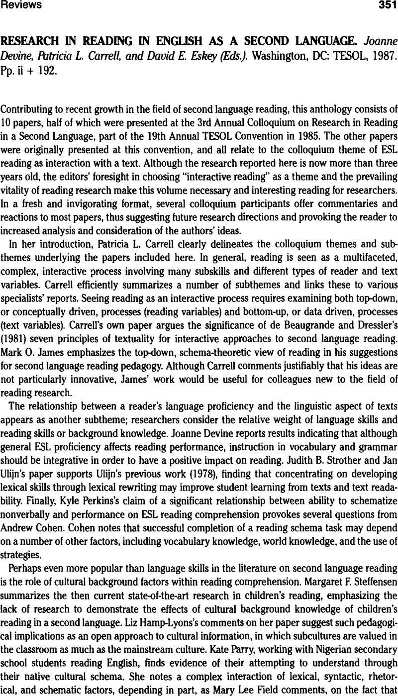 Research in Reading in English as a Second Language. Joanne Devine ...