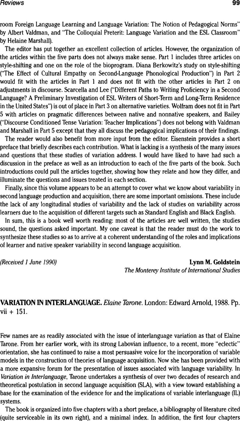 VARIATION IN INTERLANGUAGE. Elaine Tarone. London: Edward Arnold, 1988 ...