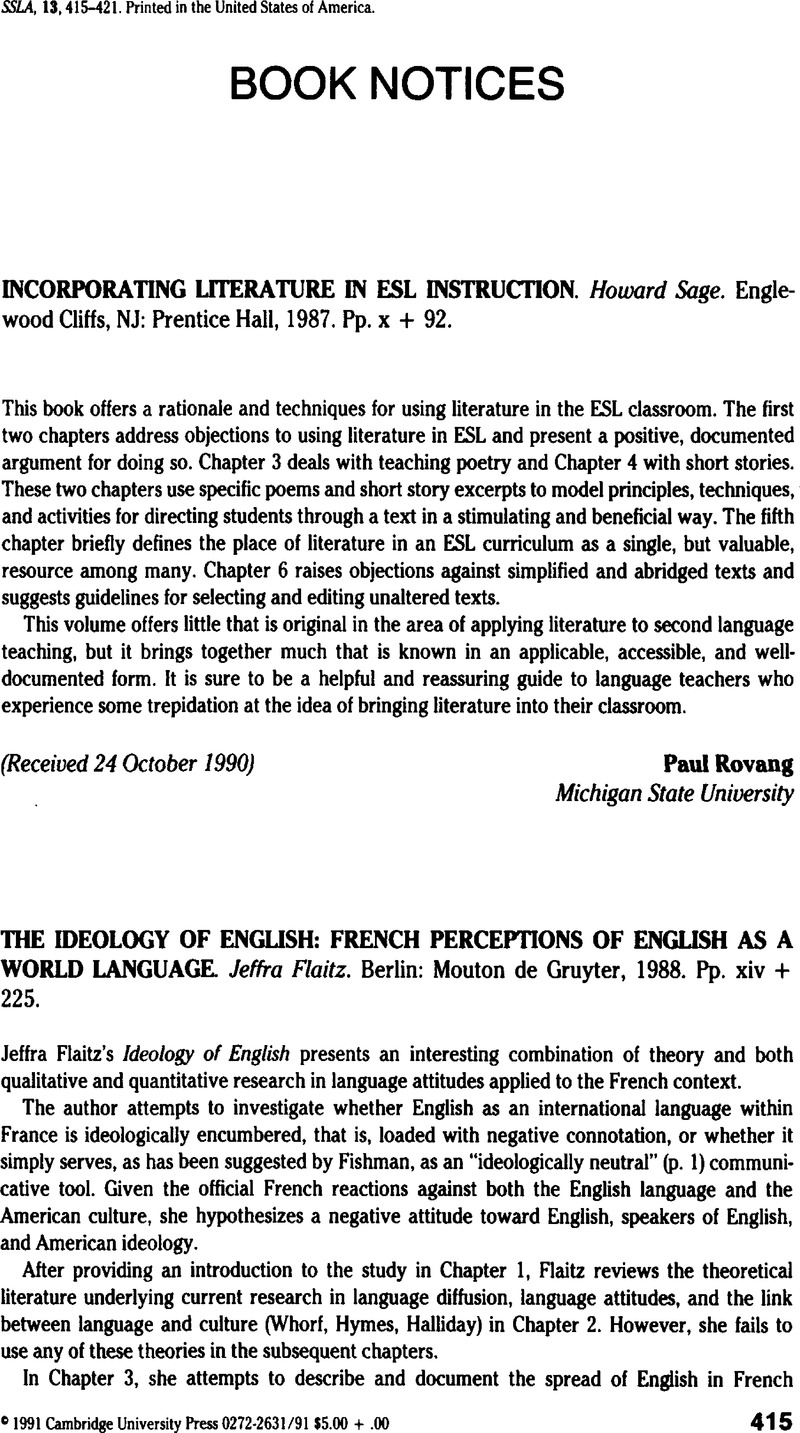 INCORPORATING LITERATURE IN ESL INSTRUCTION. Howard Sage. Englewood