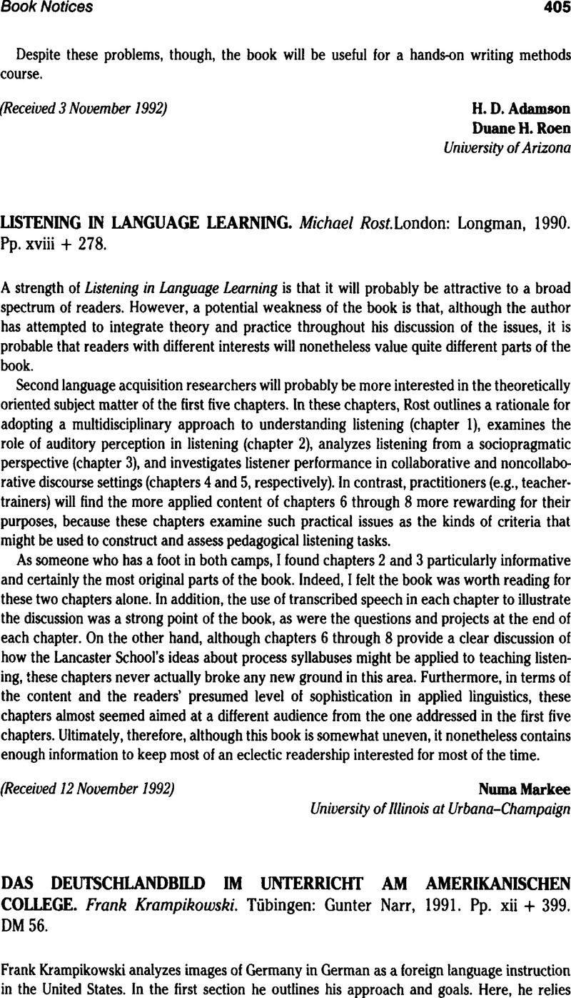 LISTENING IN LANGUAGE LEARNING. Michael Rost. London: Longman