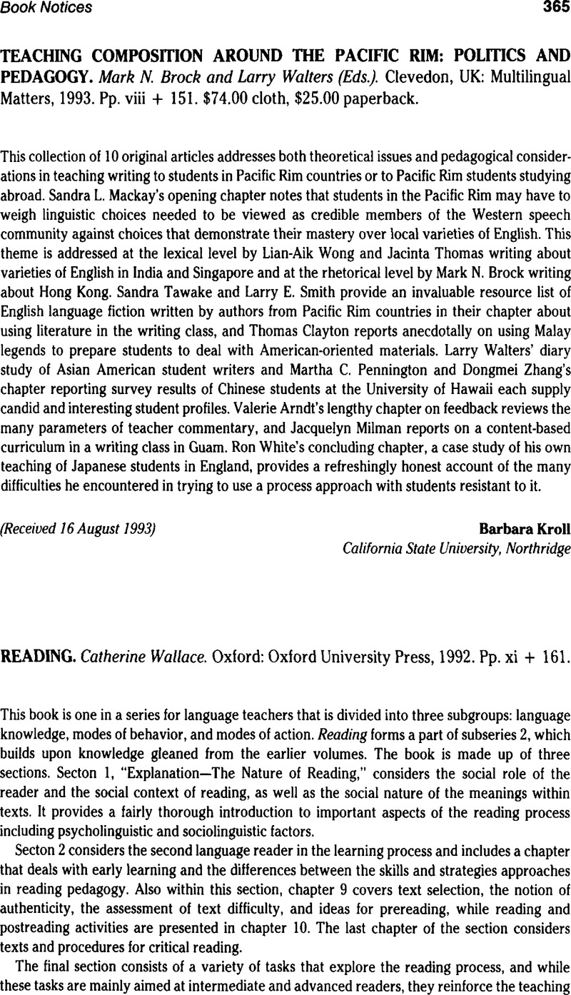 READING. Wallace Catherine. Oxford: Oxford University Press, 1992