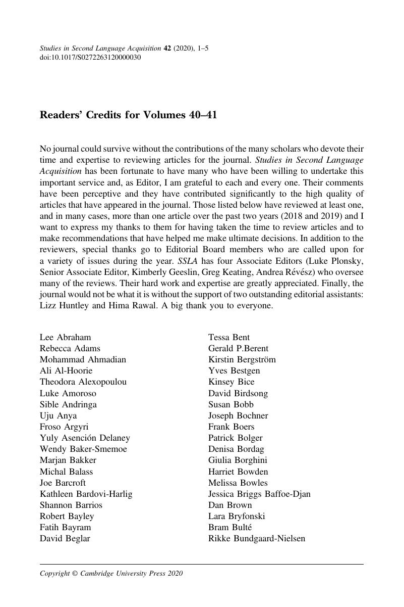 Readers’ Credits for Volumes 40–41 | Studies in Second Language ...