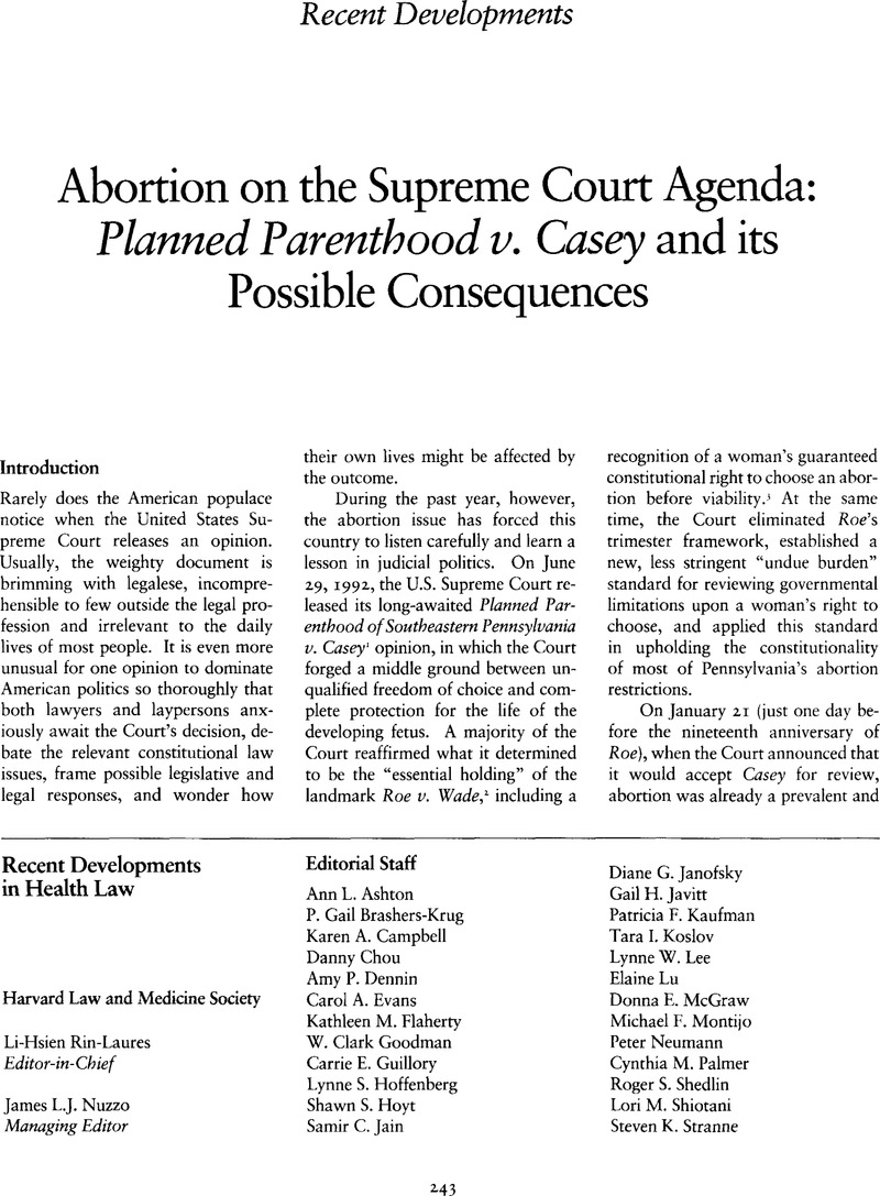 Abortion on the Supreme Court Agenda Planned Parenthood v. Casey and