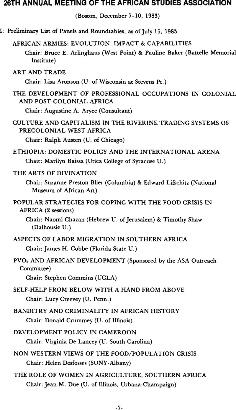 26th Annual Meeting of the African Studies Association ASA News