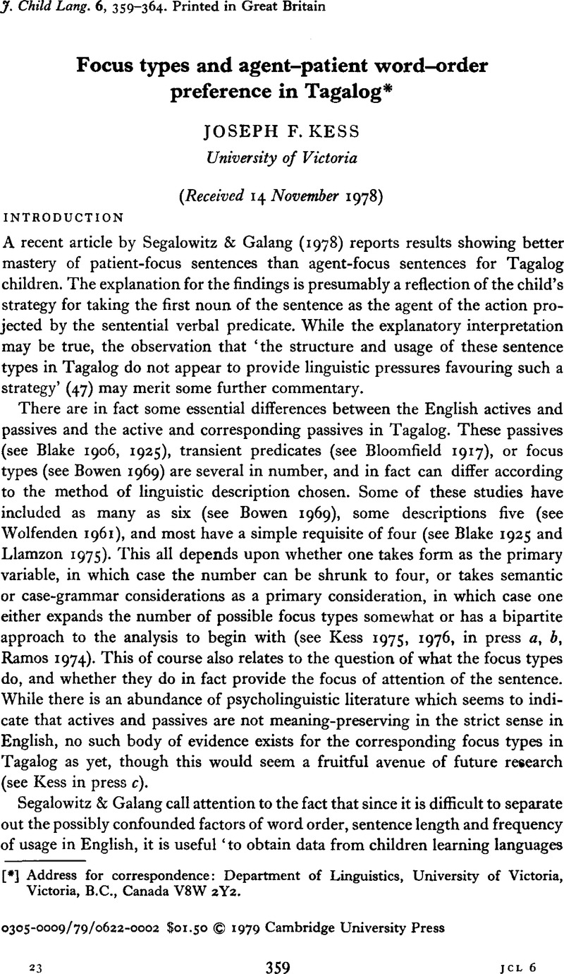 Focus Types And Agent patient Word order Preference In Tagalog 