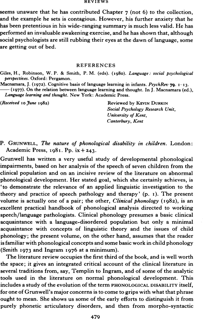 P. Grunwell, The Nature Of Phonological Disablity In Children. London ...