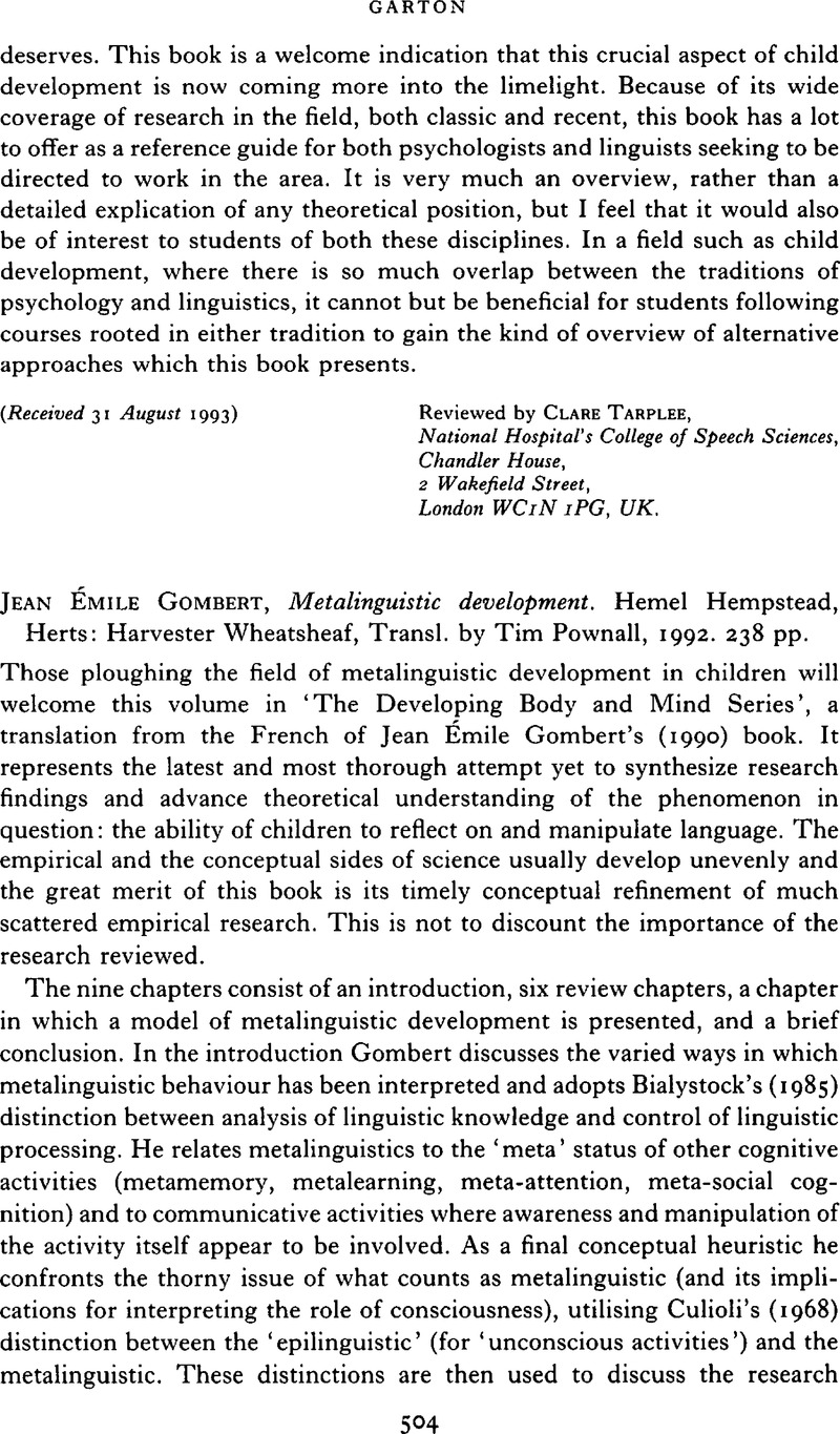 Jean Émile Gombert, Metalinguistic development. Hemel Hempstead, Herts ...