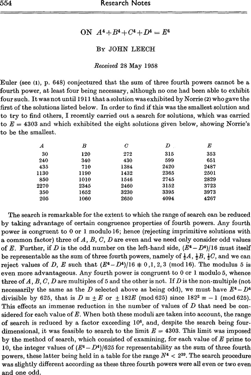 On A4 + B4 + C4 + D4 = E4 | Mathematical Proceedings Of The Cambridge ...