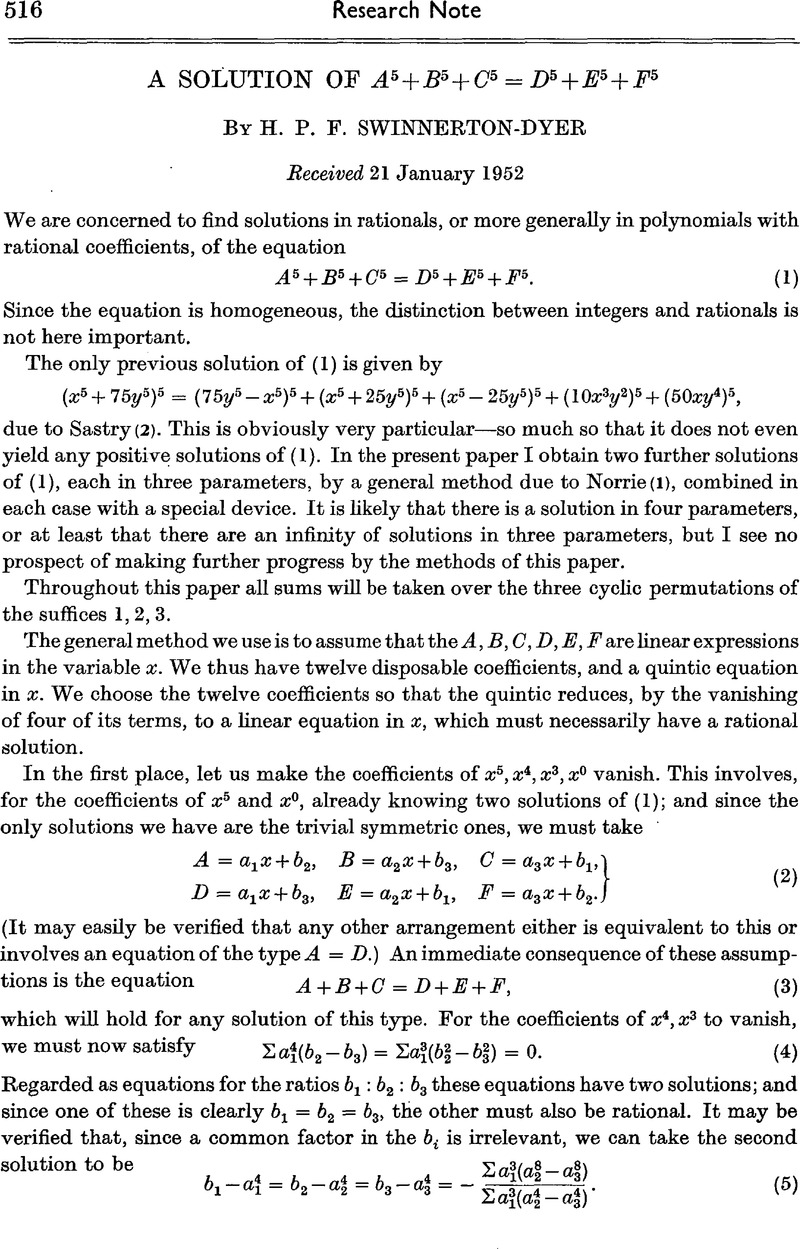 A Solution Of A5 + B5 + C5 = D5 + E5 + F5 | Mathematical Proceedings Of ...