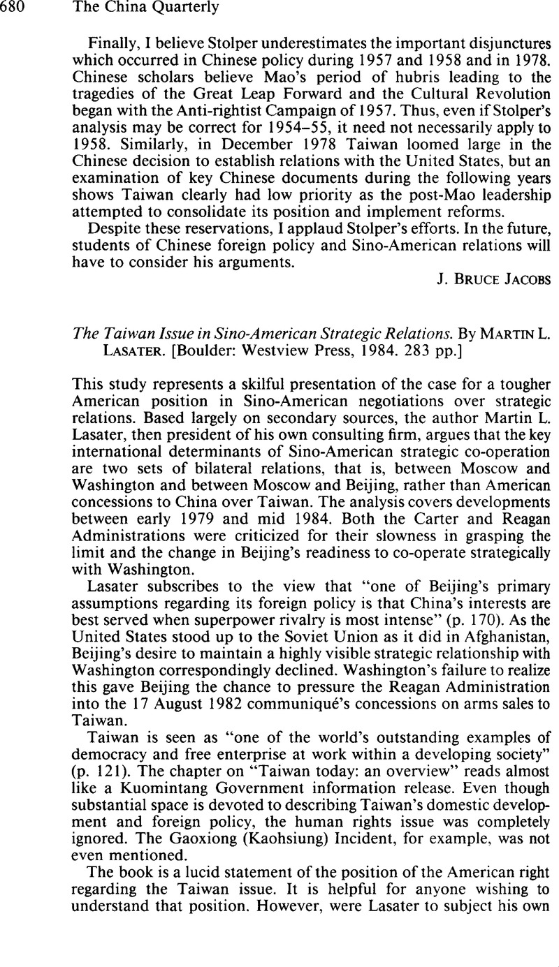 The Taiwan Issue in Sino-American Strategic Relations. By Lasater ...
