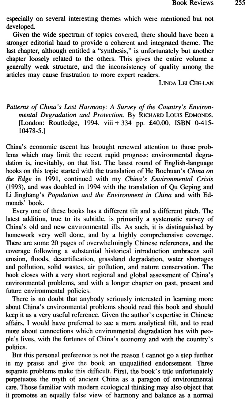 Patterns of Chinas Lost Harmony: A Survey of the Countrys Environmental Degradation and Protection