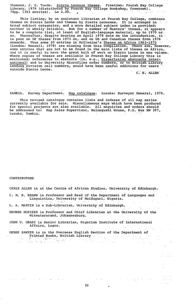 Zambia. Survey Department. Map catalogue. Lusaka: Surveyor General