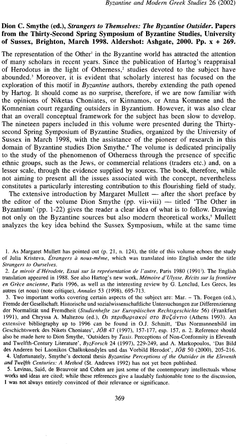 Dion C. Smythe (ed.), Strangers to Themselves: The Byzantine Outsider ...