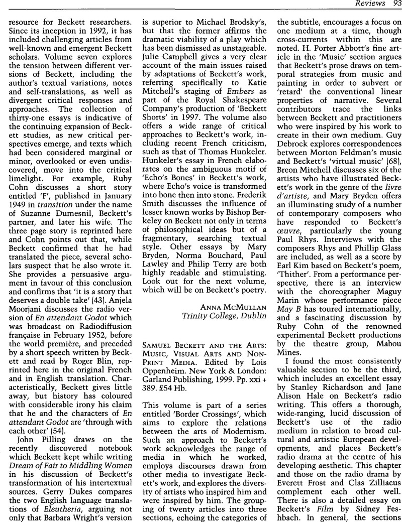 Samuel Beckett and the Arts: Music, Visual Arts and Non-Print Media ...