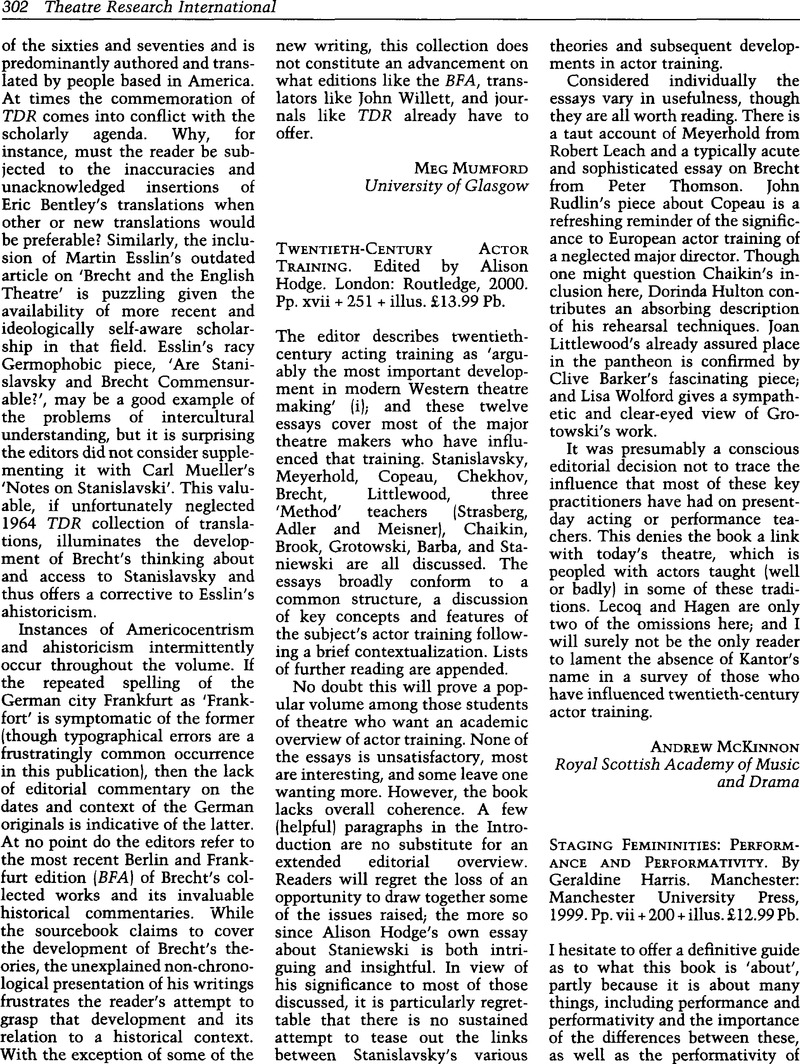 Twentieth-Century Actor Training. Edited by Alison Hodge. London ...